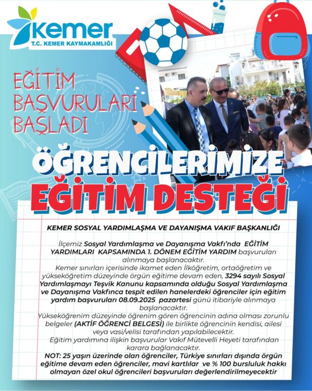 KEMER’DE EĞİTİM YARDIMI BAŞVURULARI BAŞLIYOR